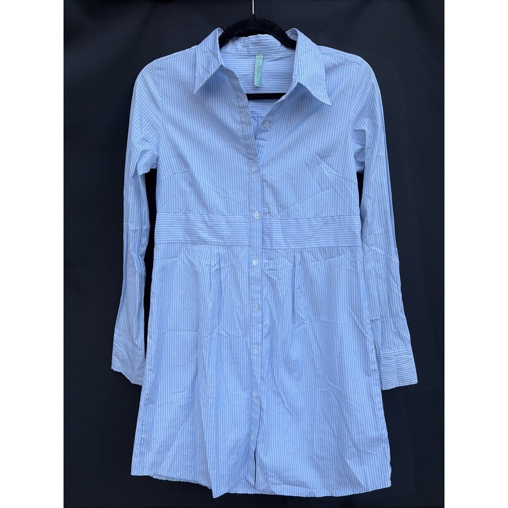 Paperdoll Dress Size S Blue & White Striped Button-Down Shirt Dress Cinch Waist